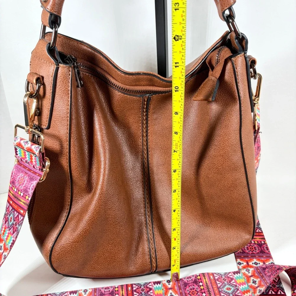 Realer Brown Vegan Leather Hobo Bag Southwestern Guitar Strap Crossbody Boho